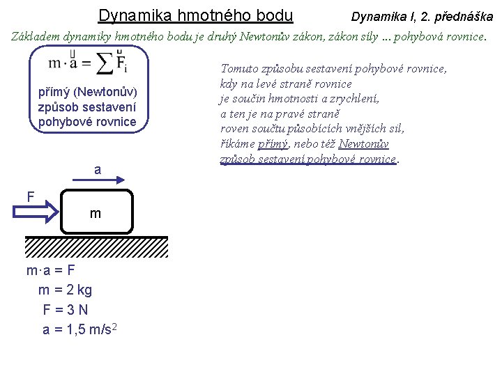 Dynamika hmotného bodu Dynamika I, 2. přednáška Základem dynamiky hmotného bodu je druhý Newtonův