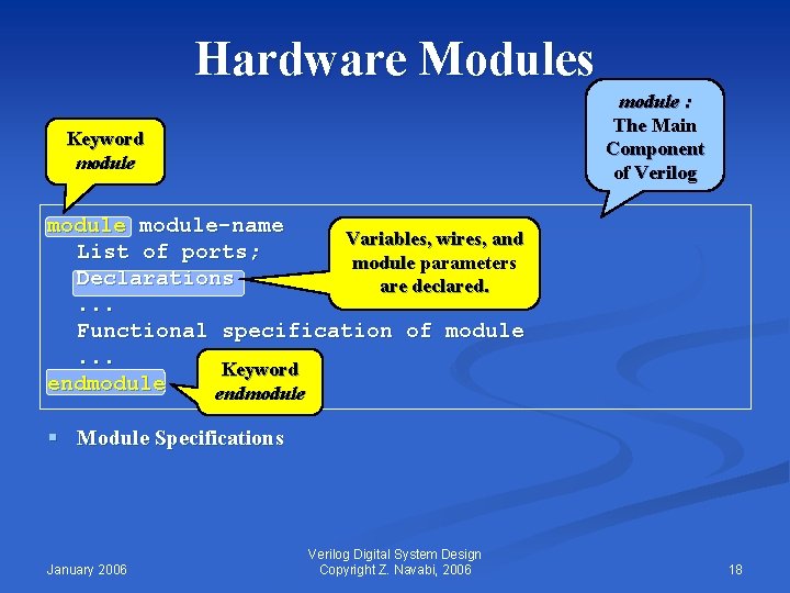 Hardware Modules module : The Main Component of Verilog Keyword module-name Variables, wires, and