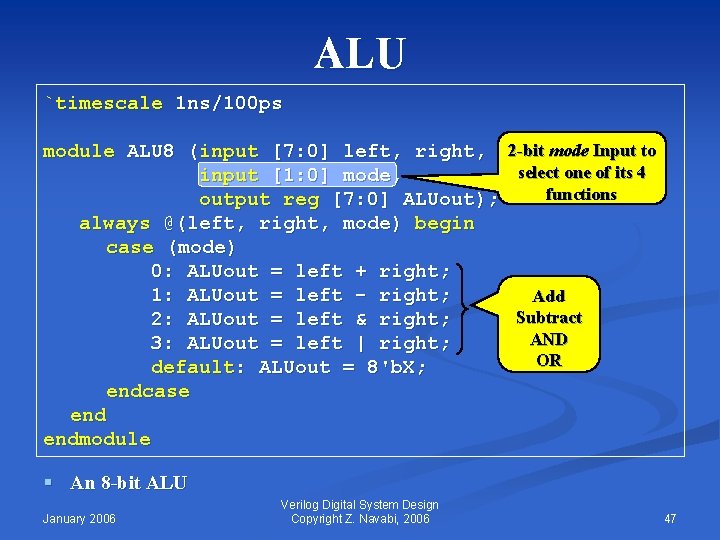 ALU `timescale 1 ns/100 ps module ALU 8 (input [7: 0] left, right, 2