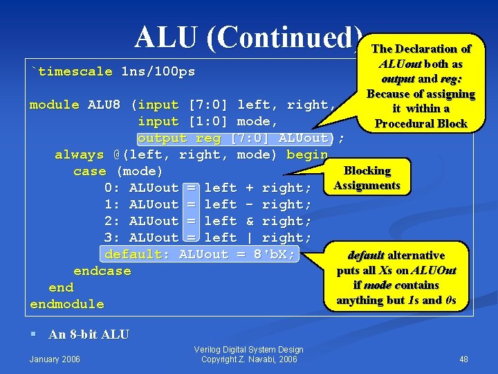 ALU (Continued) The Declaration of `timescale 1 ns/100 ps ALUout both as output and