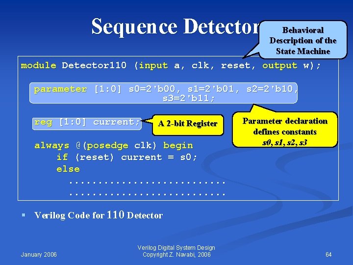 Sequence Detector Behavioral Description of the State Machine module Detector 110 (input a, clk,