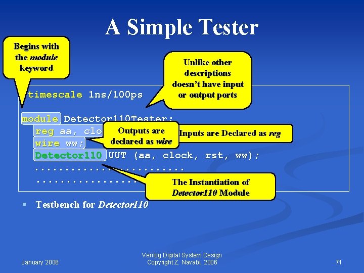 A Simple Tester Begins with the module keyword `timescale 1 ns/100 ps Unlike other