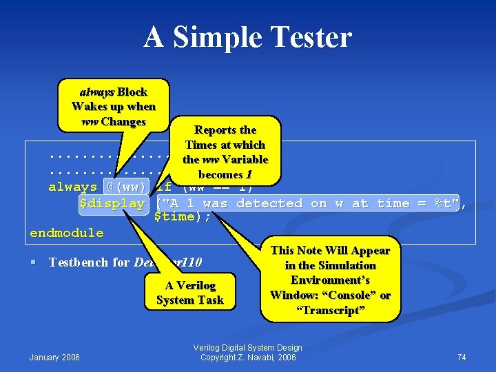 A Simple Tester always Block Wakes up when ww Changes Reports the Times at