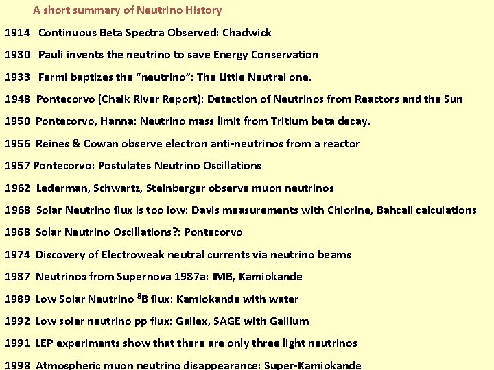 A short summary of Neutrino History 1914 Continuous Beta Spectra Observed: Chadwick 1930 Pauli