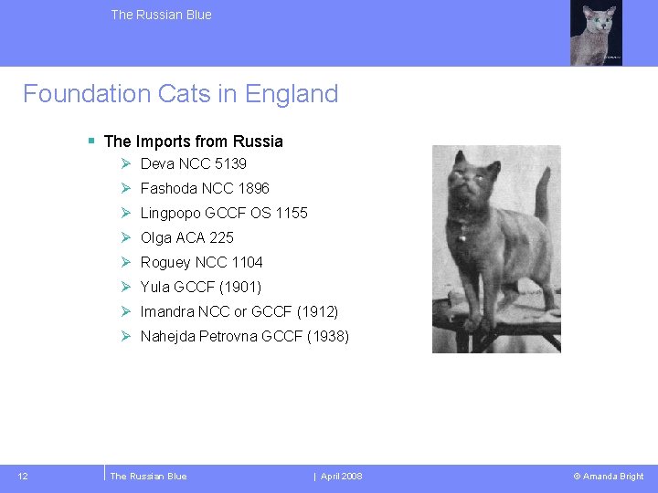 The Russian Blue Foundation Cats in England § The Imports from Russia Ø Deva