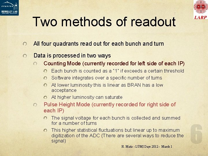 Two methods of readout All four quadrants read out for each bunch and turn