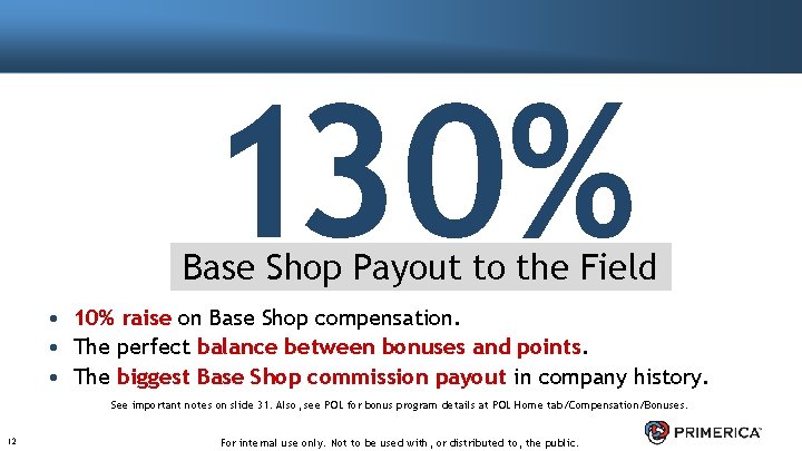130% Base Shop Payout to the Field • 10% raise on Base Shop compensation.