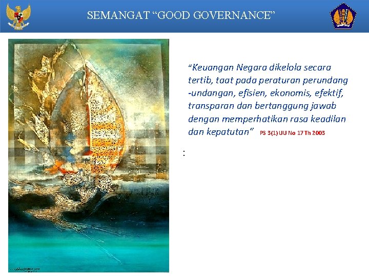 SEMANGAT “GOOD GOVERNANCE” “Keuangan Negara dikelola secara tertib, taat pada peraturan perundang -undangan, efisien,