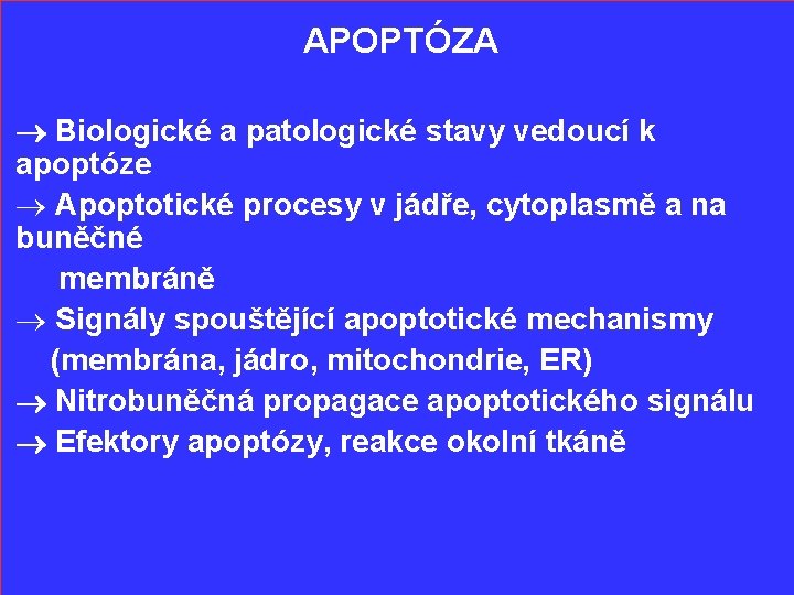 APOPTÓZA Biologické a patologické stavy vedoucí k apoptóze ® Apoptotické procesy v jádře, cytoplasmě