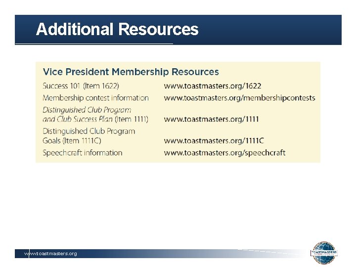 Additional Resources www. toastmasters. org 