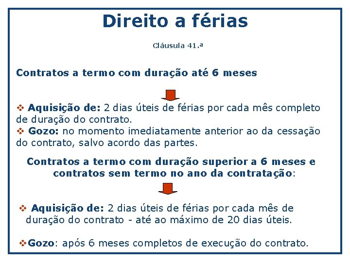 Direito a férias Cláusula 41. ª Contratos a termo com duração até 6 meses