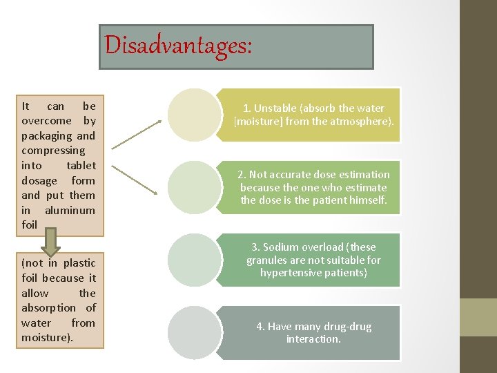 Disadvantages: It can be overcome by packaging and compressing into tablet dosage form and