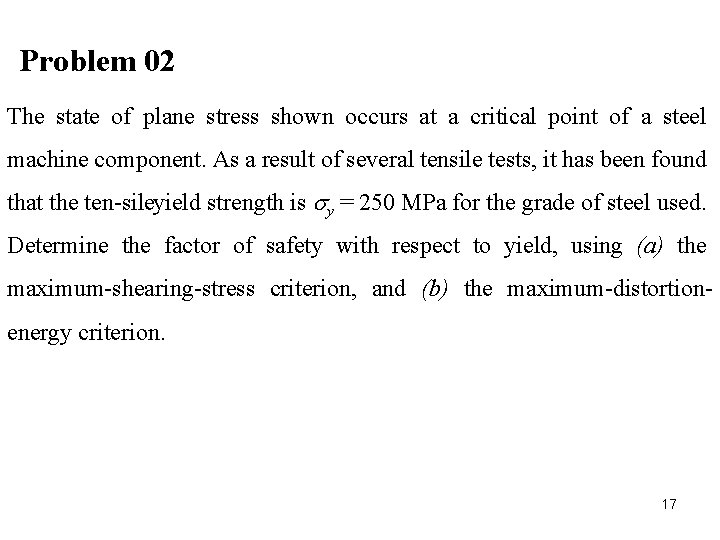 Problem 02 The state of plane stress shown occurs at a critical point of