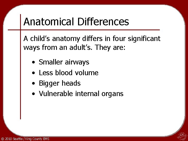 Anatomical Differences A child’s anatomy differs in four significant ways from an adult’s. They