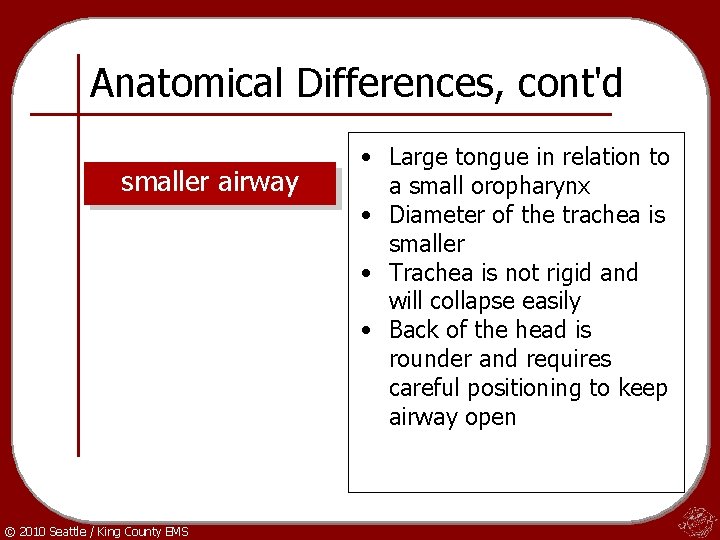Anatomical Differences, cont'd smaller airway © 2010 Seattle / King County EMS • Large