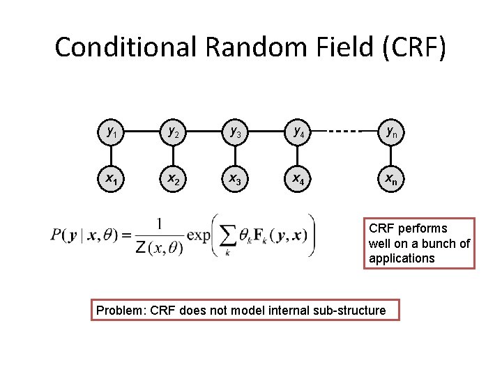 Conditional Random Field (CRF) y 1 y 2 y 3 y 4 yn x