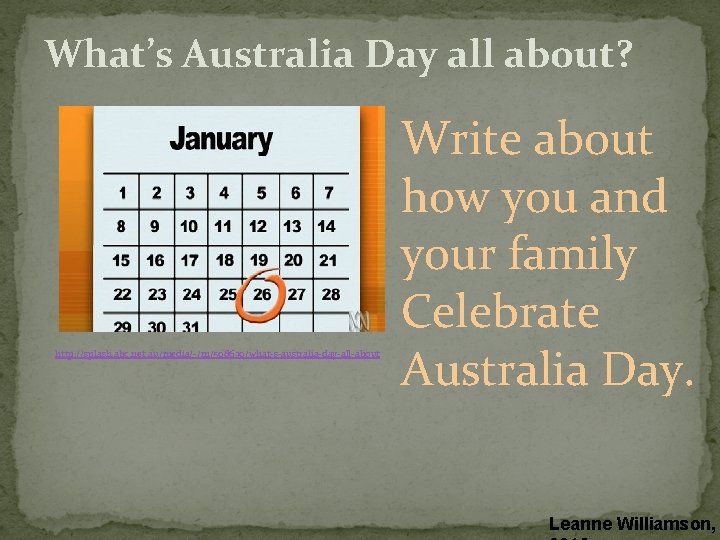 What’s Australia Day all about? http: //splash. abc. net. au/media/-/m/598639/what-s-australia-day-all-about Write about how you