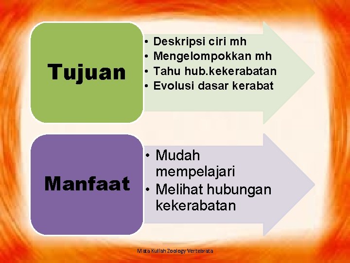 Tujuan Manfaat • • Deskripsi ciri mh Mengelompokkan mh Tahu hub. kekerabatan Evolusi dasar