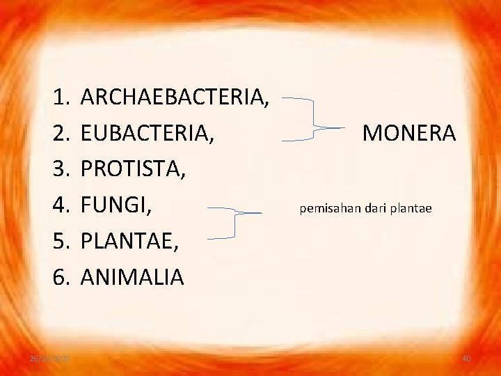 1. 2. 3. 4. 5. 6. 26/10/2020 ARCHAEBACTERIA, EUBACTERIA, MONERA PROTISTA, FUNGI, pemisahan dari