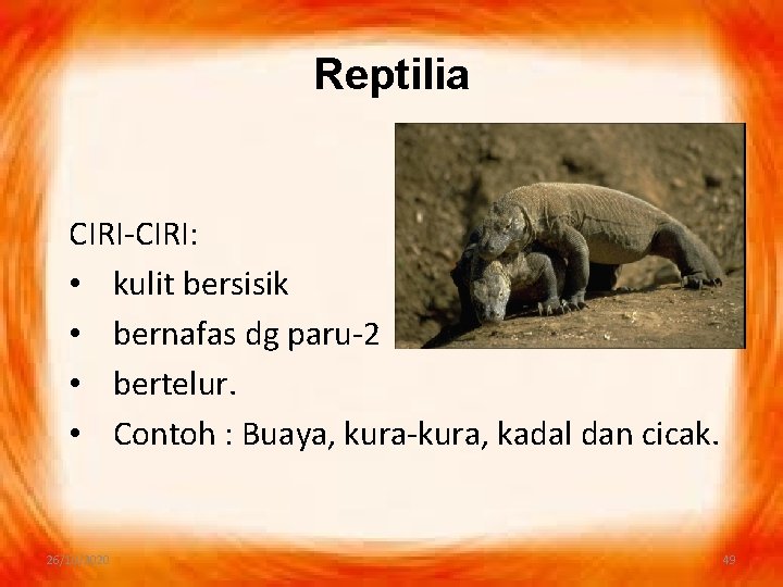 Reptilia CIRI-CIRI: • kulit bersisik • bernafas dg paru-2 • bertelur. • Contoh :
