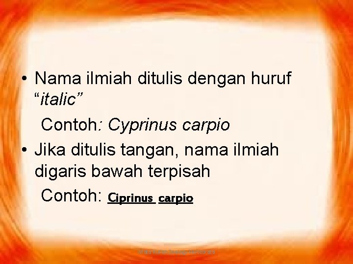  • Nama ilmiah ditulis dengan huruf “italic” Contoh: Cyprinus carpio • Jika ditulis