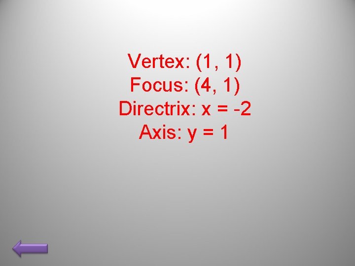 Vertex: (1, 1) Focus: (4, 1) Directrix: x = -2 Axis: y = 1