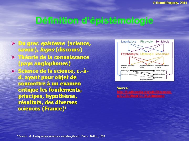 © Benoit Duguay, 2014 Définition d’épistémologie Ø Du grec episteme (science, savoir), logos (discours)
