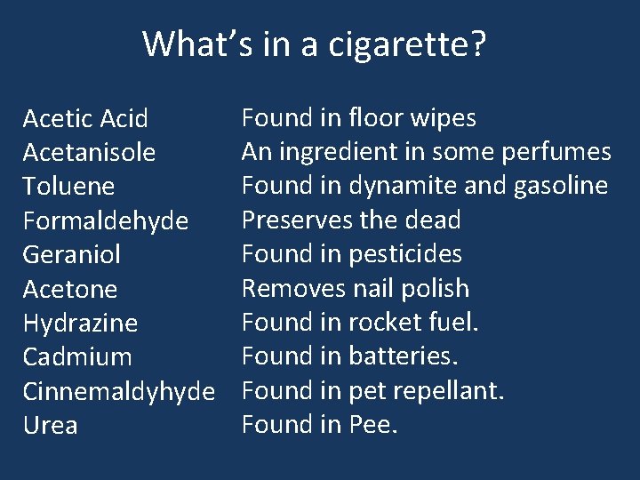 What’s in a cigarette? Acetic Acid Acetanisole Toluene Formaldehyde Geraniol Acetone Hydrazine Cadmium Cinnemaldyhyde