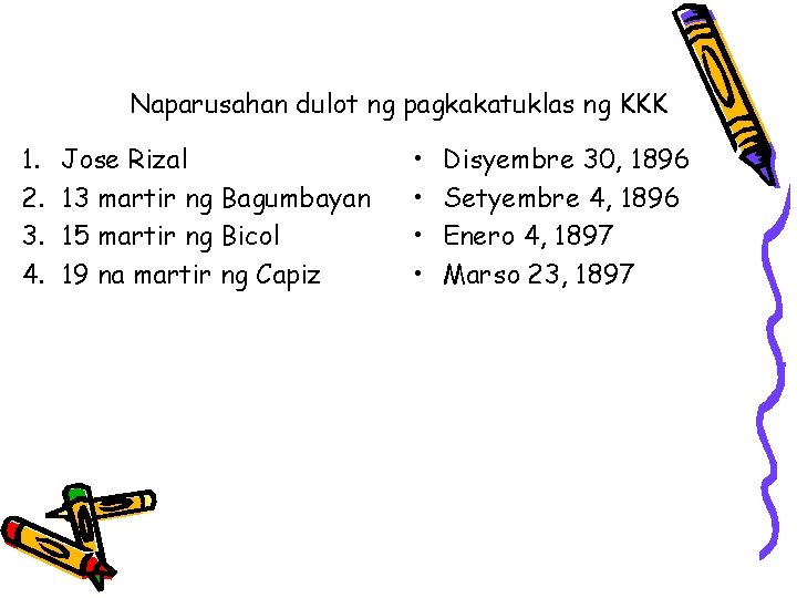 Naparusahan dulot ng pagkakatuklas ng KKK 1. 2. 3. 4. Jose Rizal 13 martir