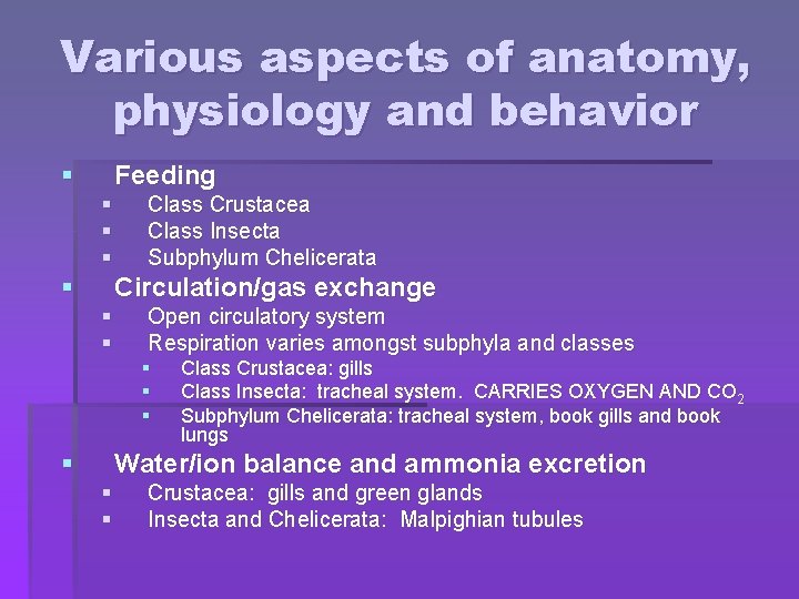 Various aspects of anatomy, physiology and behavior § Feeding § § Class Crustacea Class