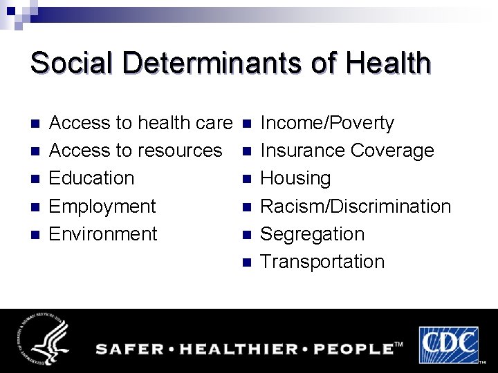 Social Determinants of Health n n n Access to health care Access to resources