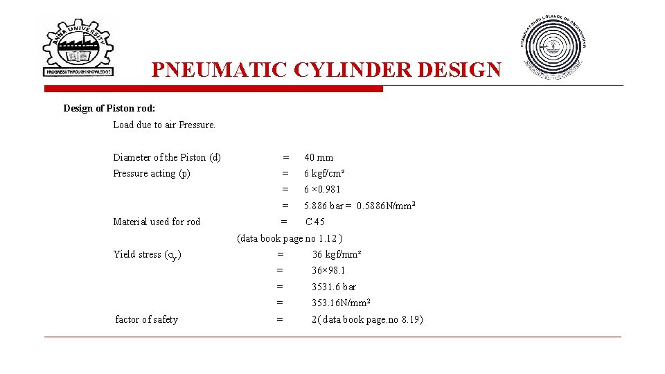 PNEUMATIC CYLINDER DESIGN Design of Piston rod: Load due to air Pressure. Diameter of