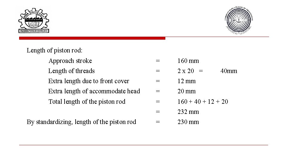 Length of piston rod: Approach stroke = 160 mm Length of threads = 2
