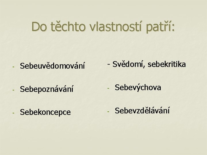 Do těchto vlastností patří: - Sebeuvědomování - Svědomí, sebekritika - Sebepoznávání - Sebevýchova -