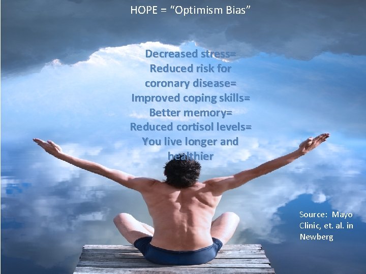 HOPE = “Optimism Bias” Decreased stress= Reduced risk for coronary disease= Improved coping skills=