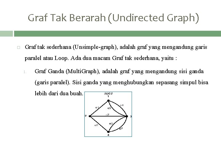 Graf Tak Berarah (Undirected Graph) Graf tak sederhana (Unsimple-graph), adalah graf yang mengandung garis