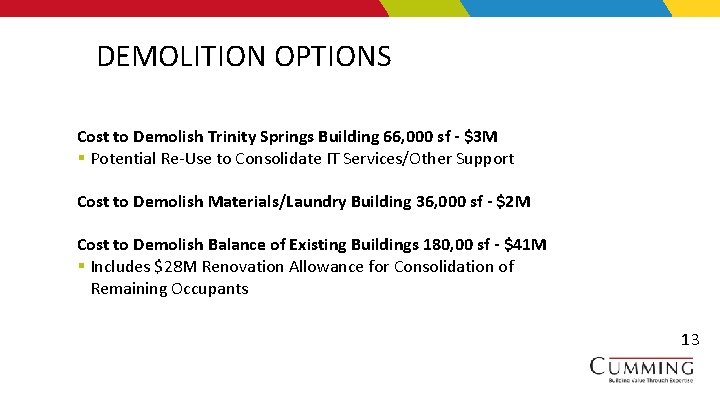 DEMOLITION OPTIONS Cost to Demolish Trinity Springs Building 66, 000 sf - $3 M