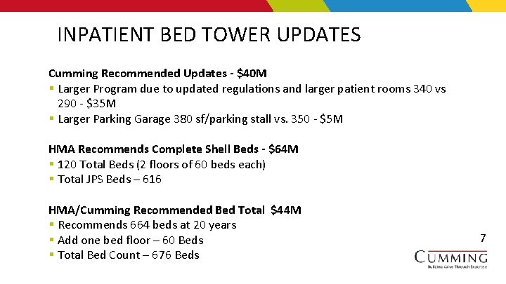 INPATIENT BED TOWER UPDATES Cumming Recommended Updates - $40 M § Larger Program due