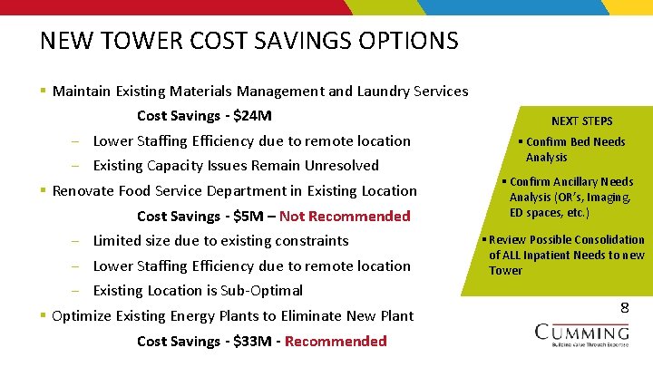 NEW TOWER COST SAVINGS OPTIONS § Maintain Existing Materials Management and Laundry Services Cost