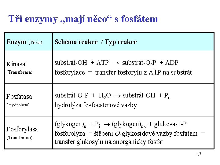 Tři enzymy „mají něco“ s fosfátem Enzym (Třída) Schéma reakce / Typ reakce Kinasa