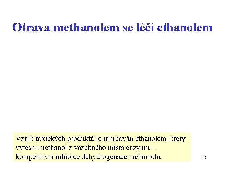 Otrava methanolem se léčí ethanolem Vznik toxických produktů je inhibován ethanolem, který vytěsní methanol