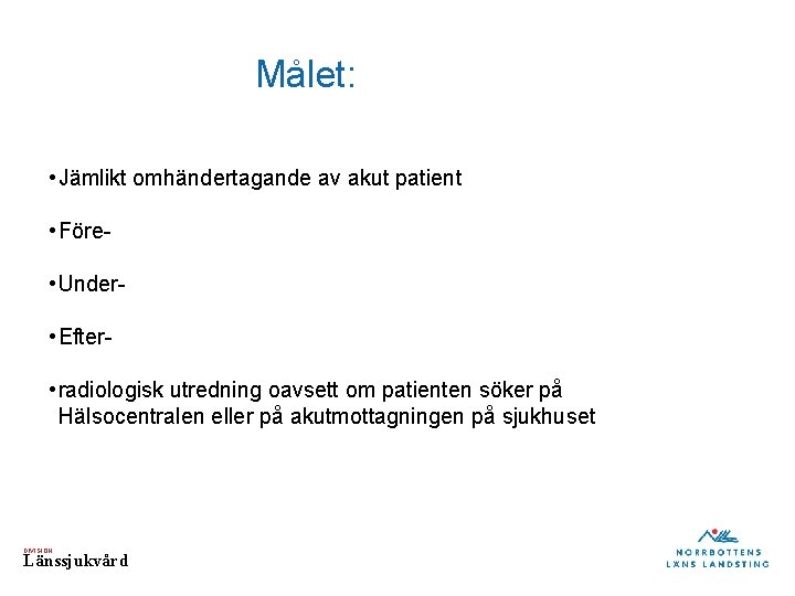 Målet: • Jämlikt omhändertagande av akut patient • Före • Under • Efter •