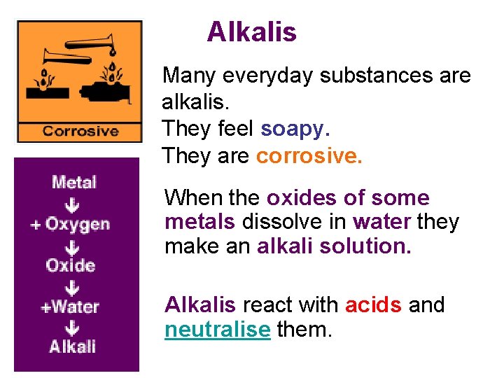Alkalis Many everyday substances are alkalis. They feel soapy. They are corrosive. When the