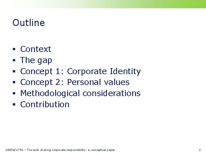 Outline § § § Context The gap Concept 1: Corporate Identity Concept 2: Personal