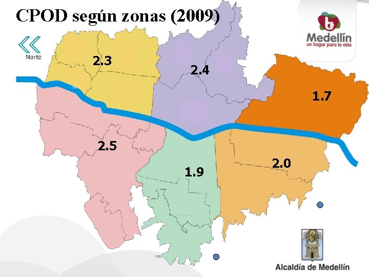 CPOD según zonas (2009) 2. 3 2. 4 1. 7 2. 5 1. 9