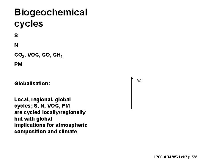 Biogeochemical cycles S N CO 2, VOC, CO, CH 4 PM Globalisation: BC Local,