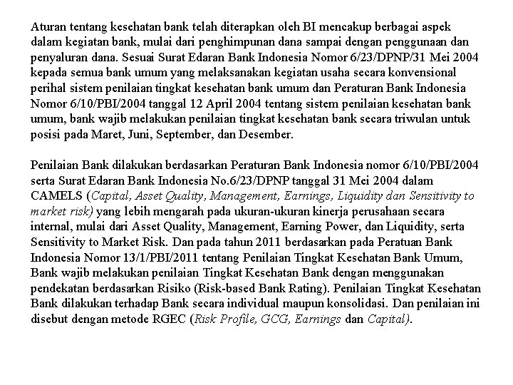 Aturan tentang kesehatan bank telah diterapkan oleh BI mencakup berbagai aspek dalam kegiatan bank,