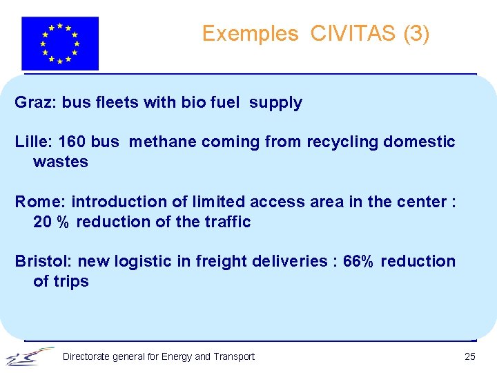 Exemples CIVITAS (3) Graz: bus fleets with bio fuel supply Lille: 160 bus methane