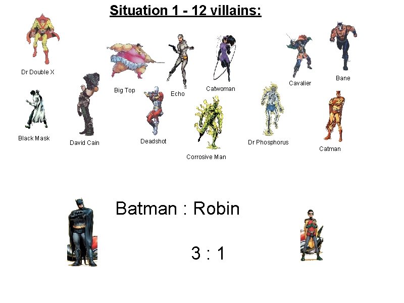 Situation 1 - 12 villains: Dr Double X Big Top Black Mask David Cain