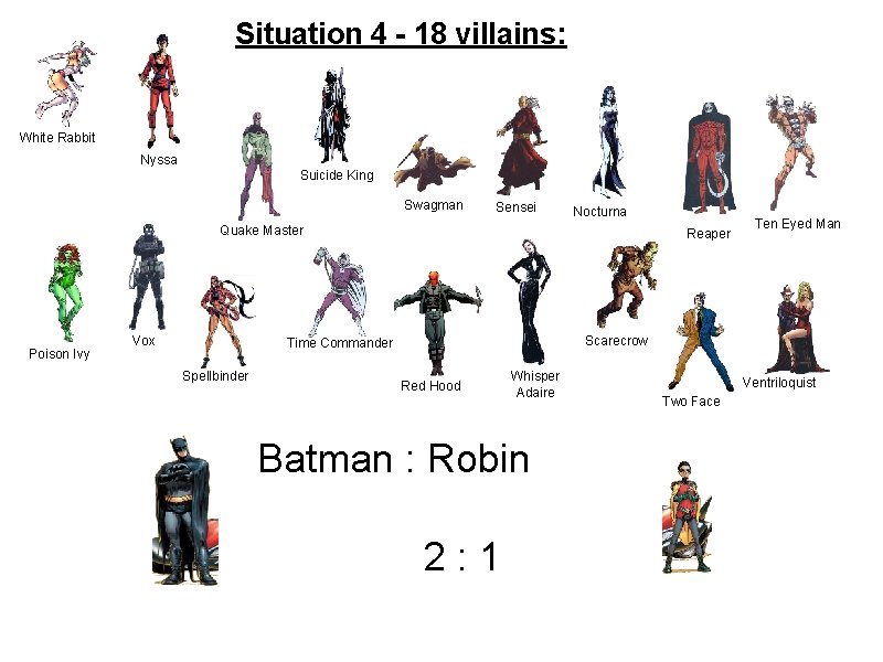 Situation 4 - 18 villains: White Rabbit Nyssa Suicide King Swagman Sensei Nocturna Quake